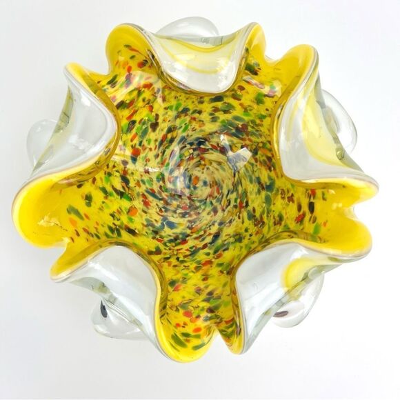 Murano Art Glass Millefiori Cased Bowl Yellow Gold Flake Multicolor Tutti Frutti - Picture 2 of 9